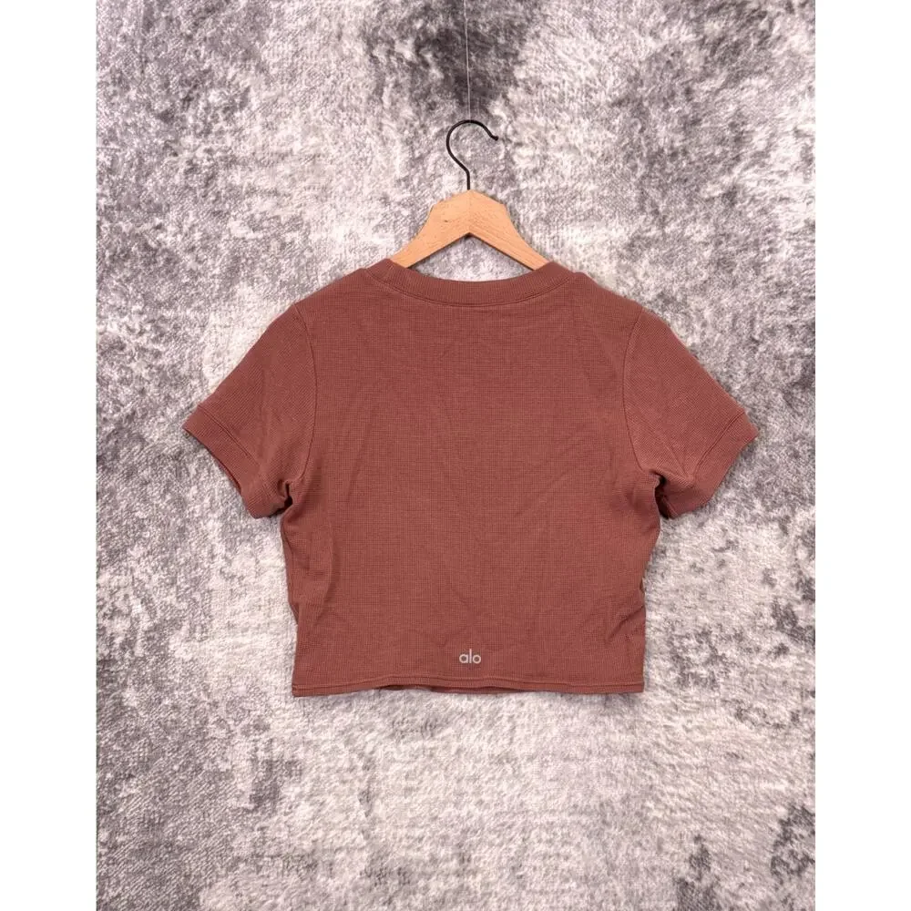 ALO Yoga Waffle Knit Crop Shirt Top Large Womens Dusty Pink